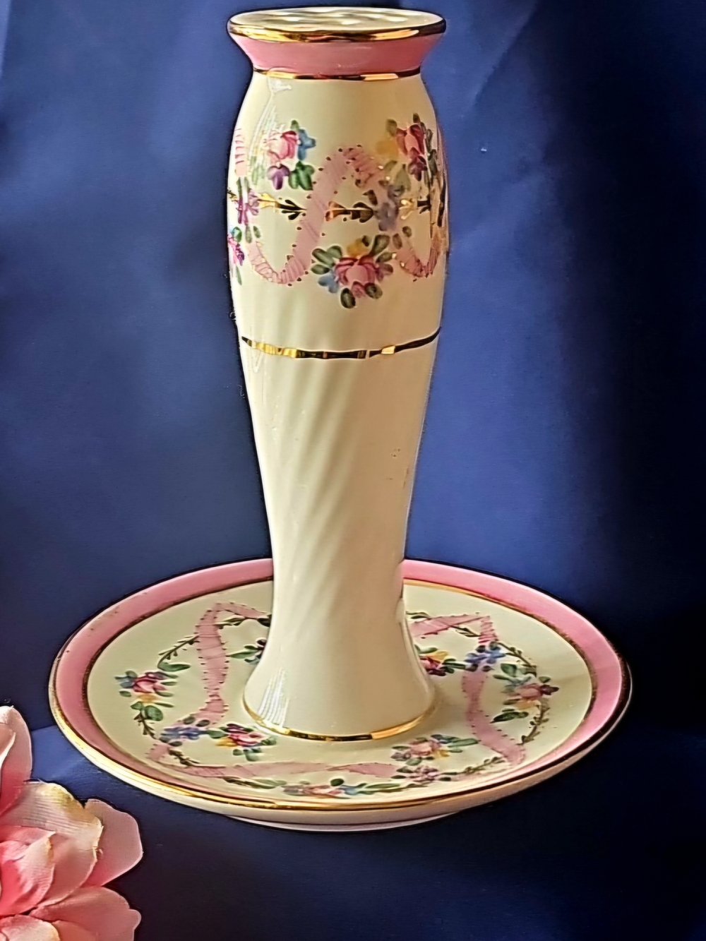 KPM Berlin Hotpin Holder Bud Vase Pink and Cream Floral Porcelain with Base